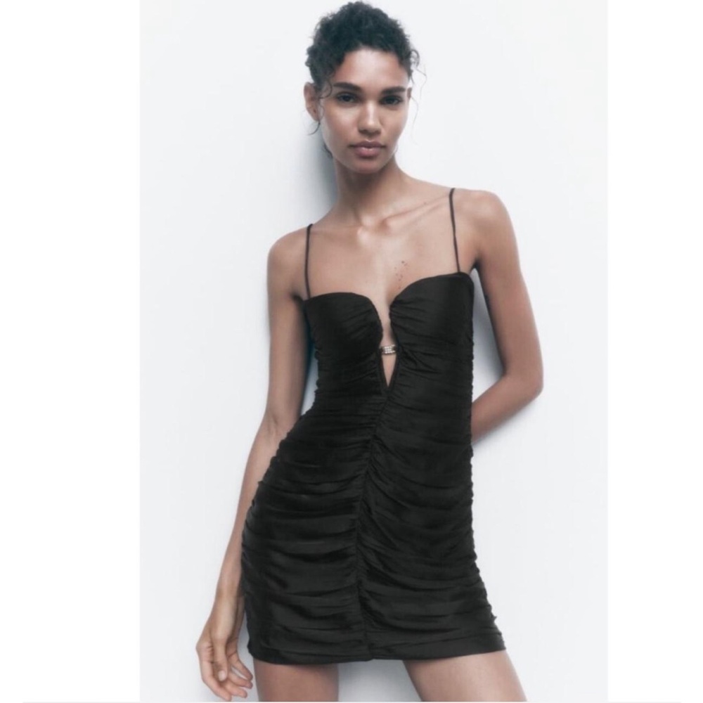 Zara Black Mini Dress with Ruched Detail